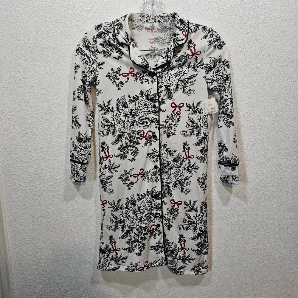 Brighten The Season Girls Floral Bow Nightgown Button Front Sleep Shirt White 8